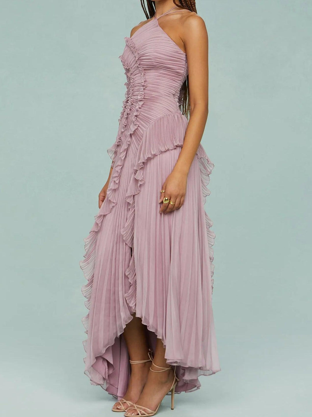 Ruth | Langes Kleid mit plissierten Trägern und Schlitzen