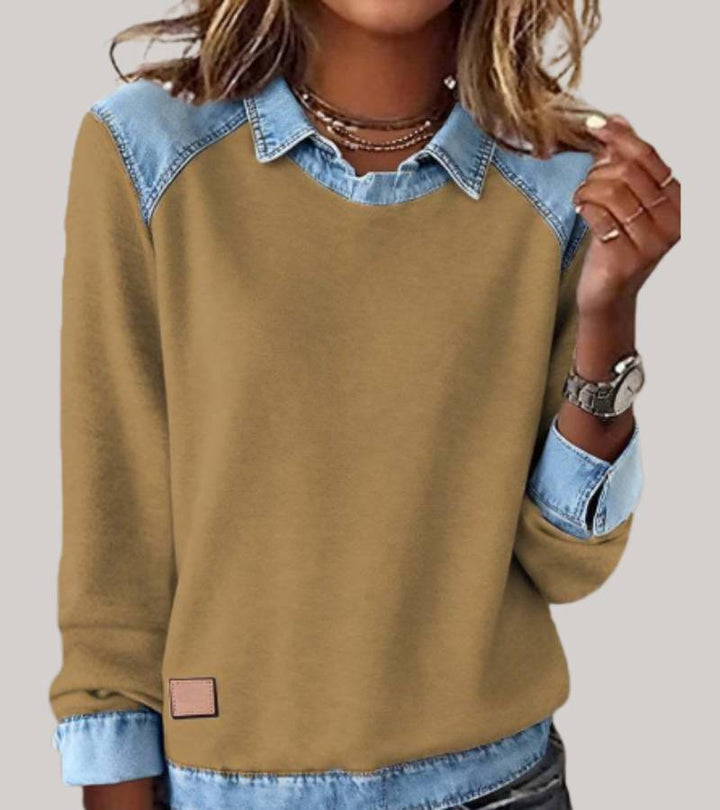 Silvia | Patchwork-Stricktop mit Denim-Details