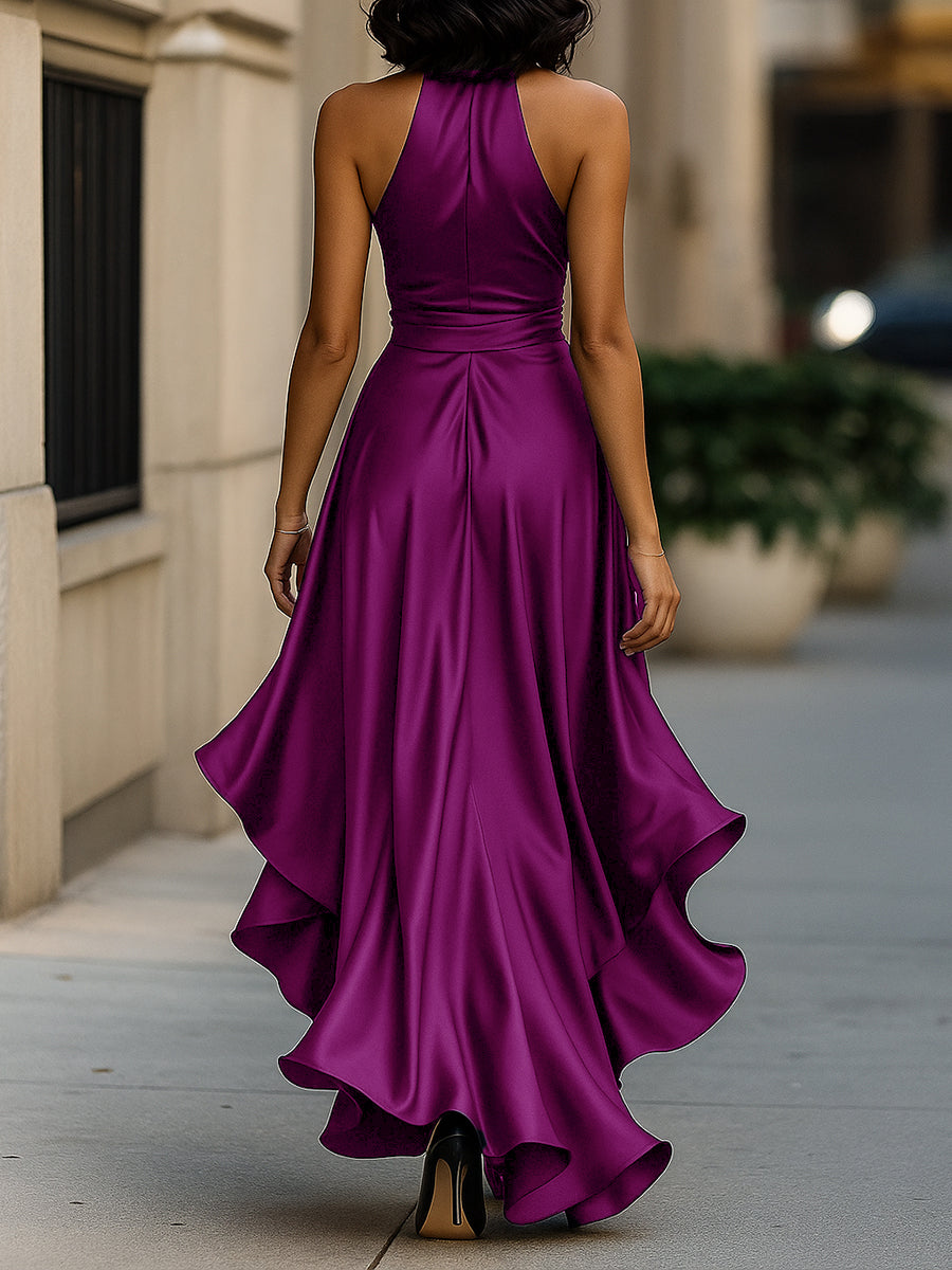 Midnight Elegance Satin-Neckholder-Kleid mit Rüschen