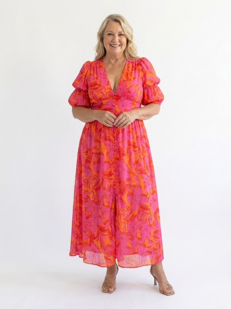 Willow | Floral V-Ausschnitt Puffärmel Midikleid