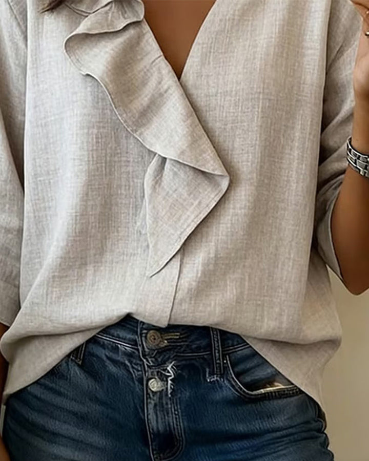 Unifarbene Bluse mit Rüschen und langen Ärmeln