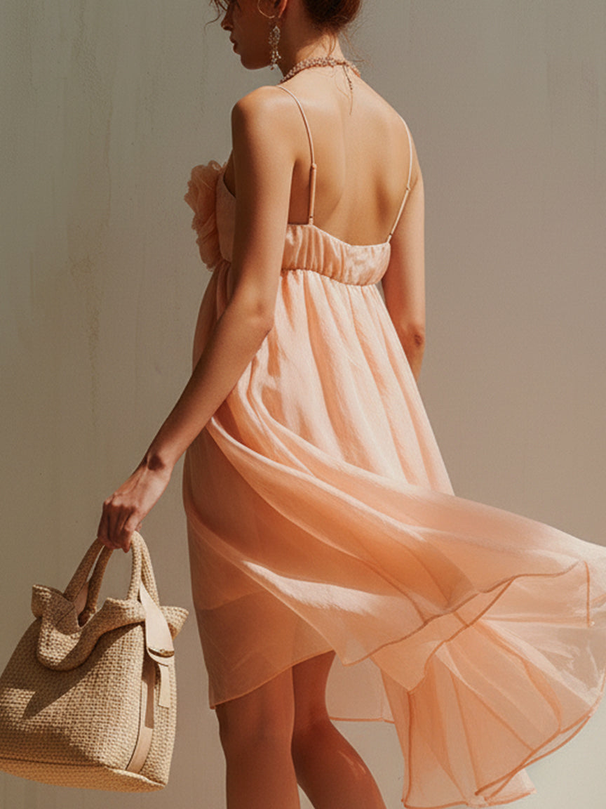 Rosa Minikleid aus Baumwolle mit 3D-Blumen