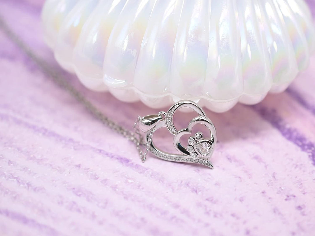 Sterling Silber Halskette mit Pfote und Herz mit Zirkonia