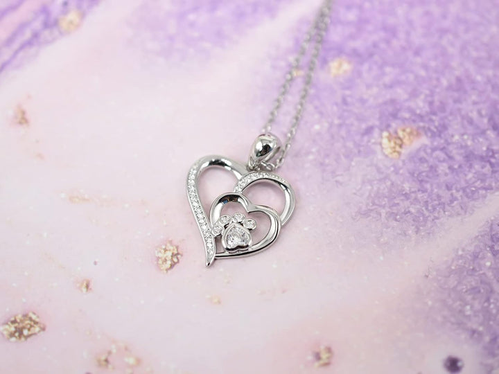 Sterling Silber Halskette mit Pfote und Herz mit Zirkonia