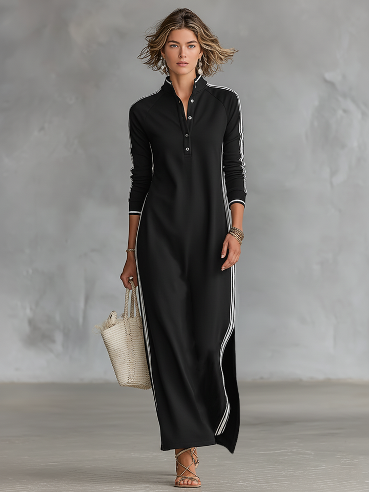 Damen Maxi Sweatkleid mit Button-Down-Kragen und weißem Rand