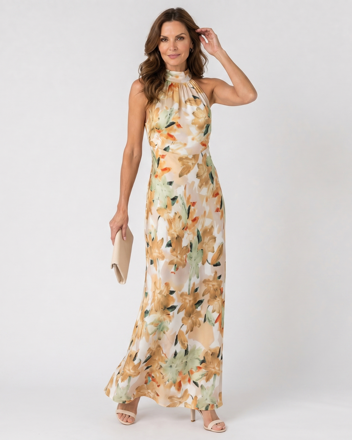 Cekel | Midikleid mit botanischem Print, Neckholder und fliessendem Rock