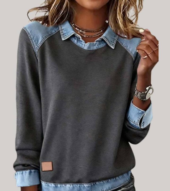 Silvia | Patchwork-Stricktop mit Denim-Details