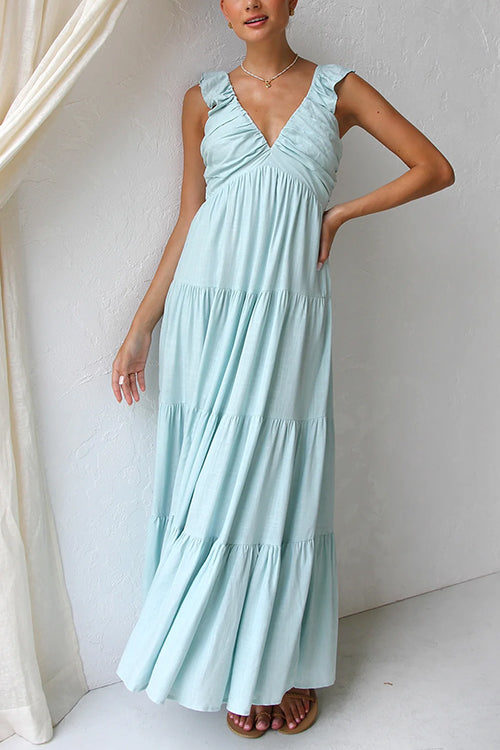 Ärmelloses Maxikleid aus Leinen mit V-Ausschnitt, Rüschenbesatz und Stufenrock