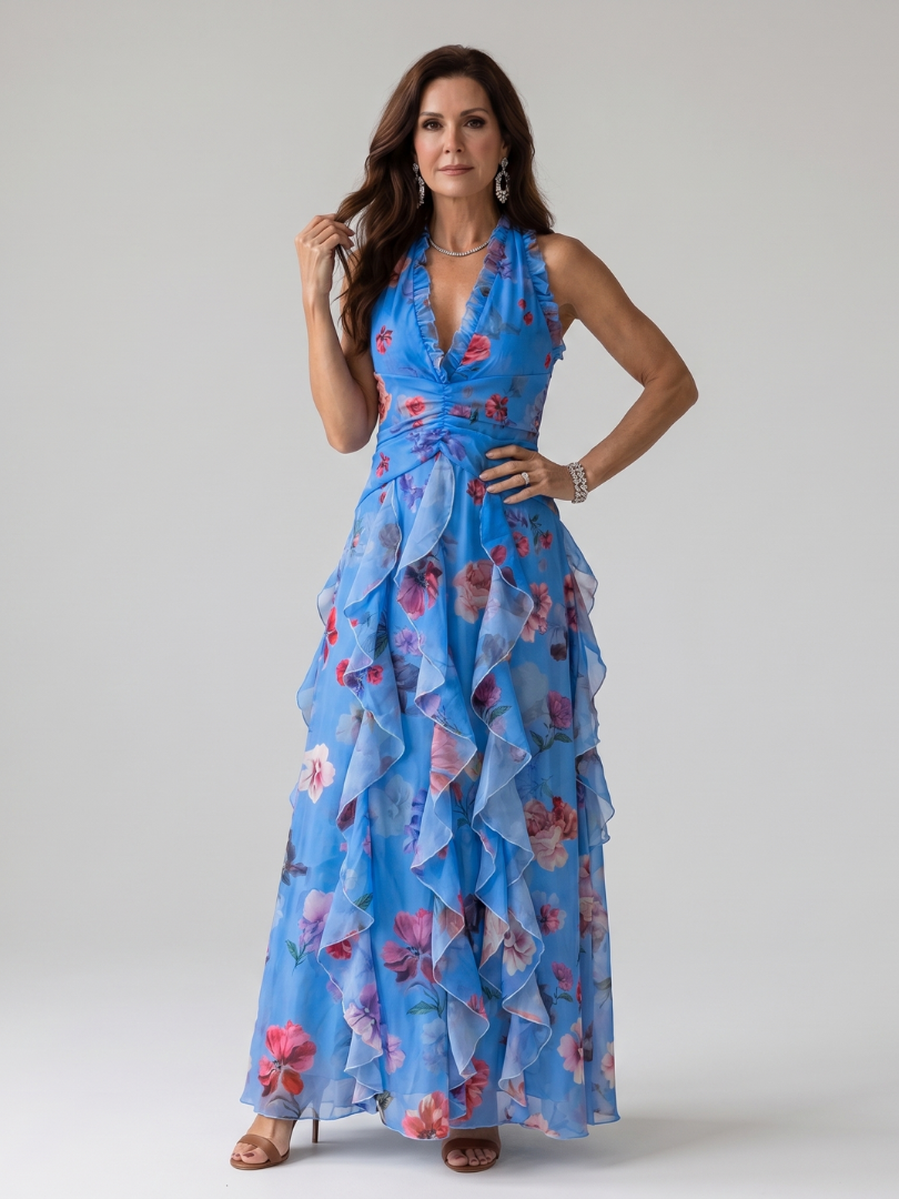 Nori | Neckholder gerüschtes Mieder Florales Maxikleid
