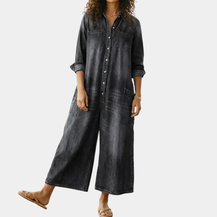 Diana | Vintage Washed Soft Cotton Denim Jumpsuit mit Knopfverschluss