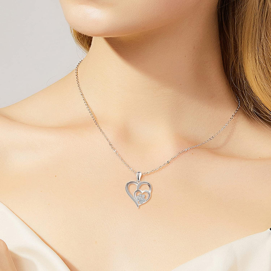 Sterling Silber Halskette mit Pfote und Herz mit Zirkonia