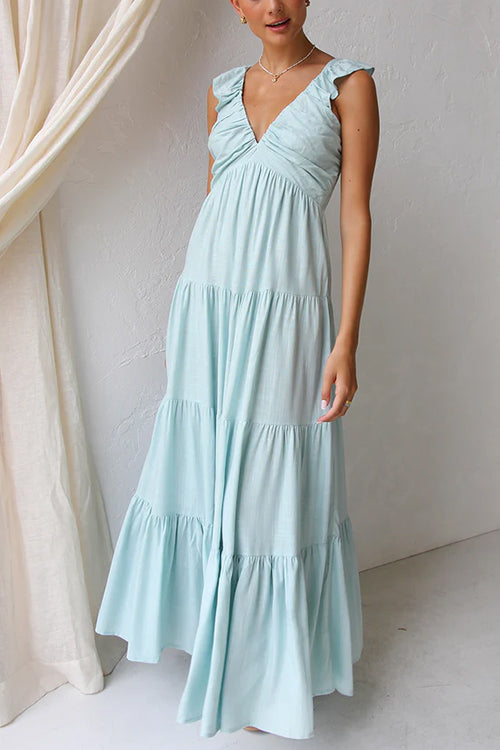 Ärmelloses Maxikleid aus Leinen mit V-Ausschnitt, Rüschenbesatz und Stufenrock