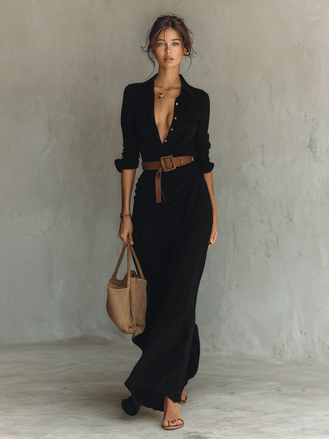Maxi-Kleid mit Reverskragen und langen Ärmeln für Damen