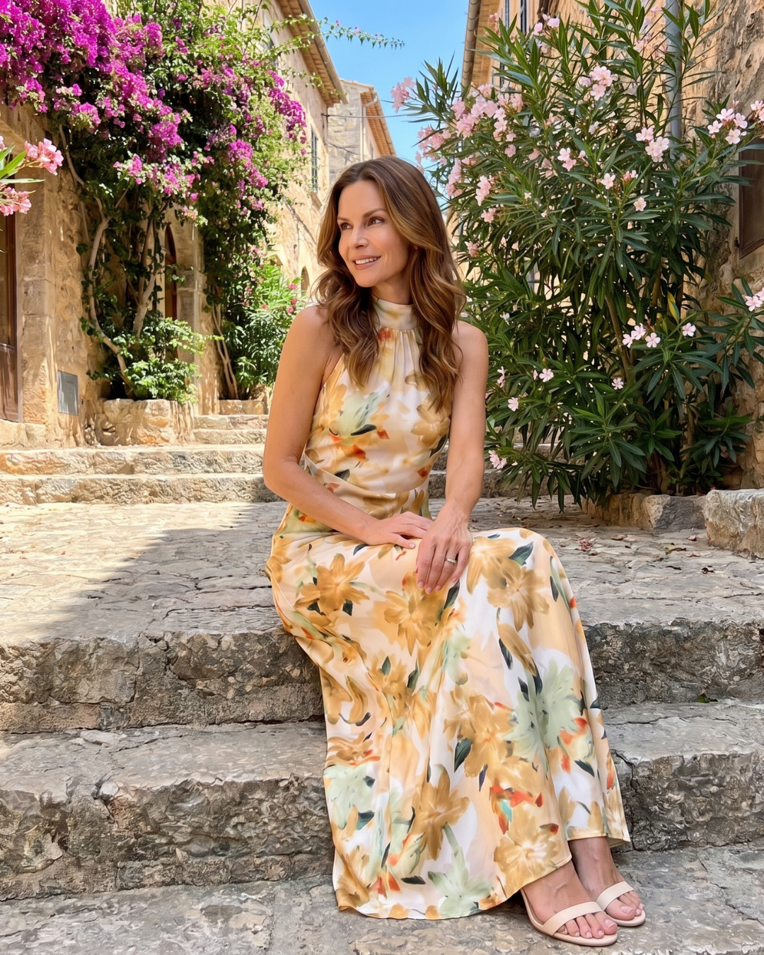 Cekel | Midikleid mit botanischem Print, Neckholder und fliessendem Rock