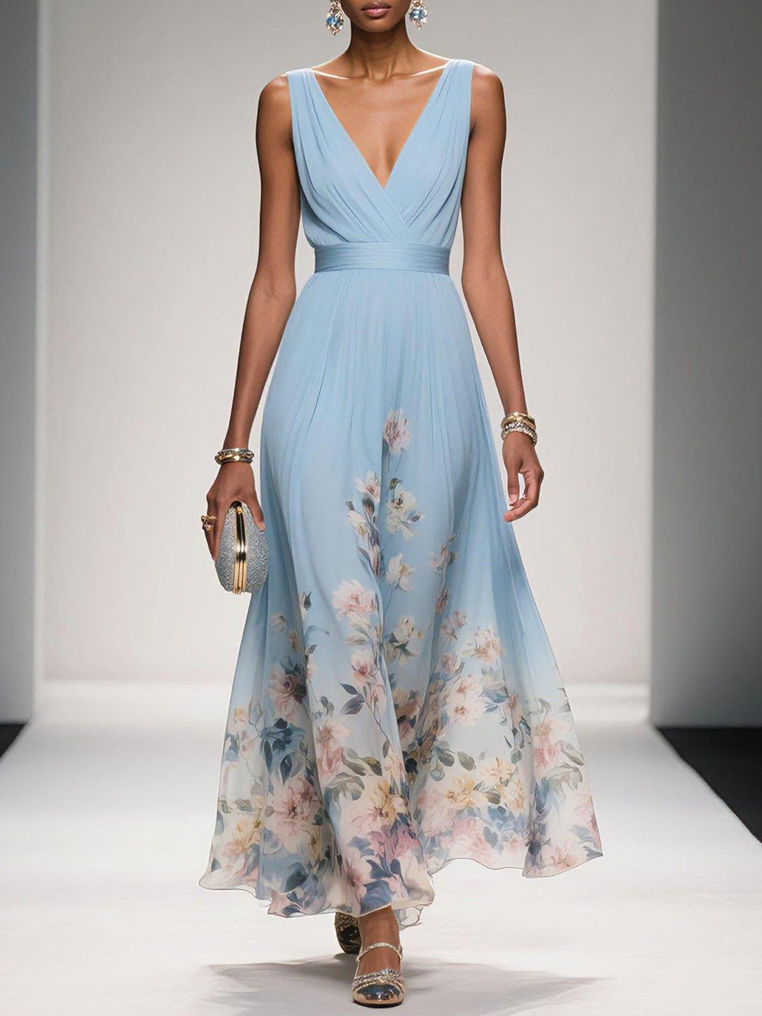 Rosa | Chiffon Chiffon Maxikleid Hellblau mit V-Ausschnitt