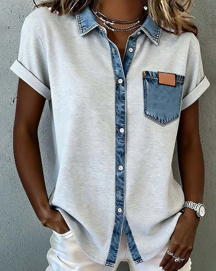 Denim Patchwork T-Shirt mit Aufschlägen