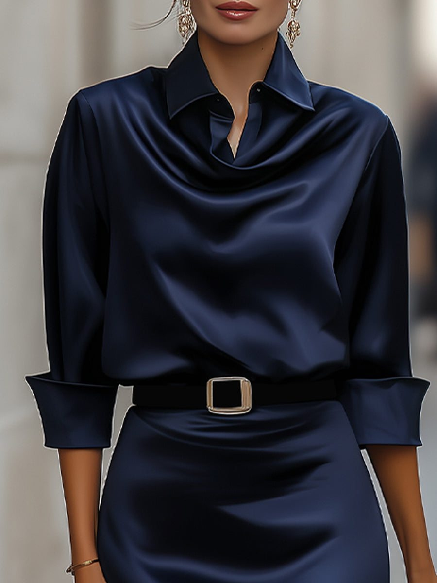Elegantes Satin-Midikleid mit drapiertem Kragen und schwarzem Gürtel
