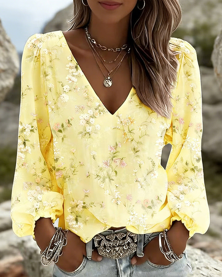 Florale Bluse V-Ausschnitt Puffärmel