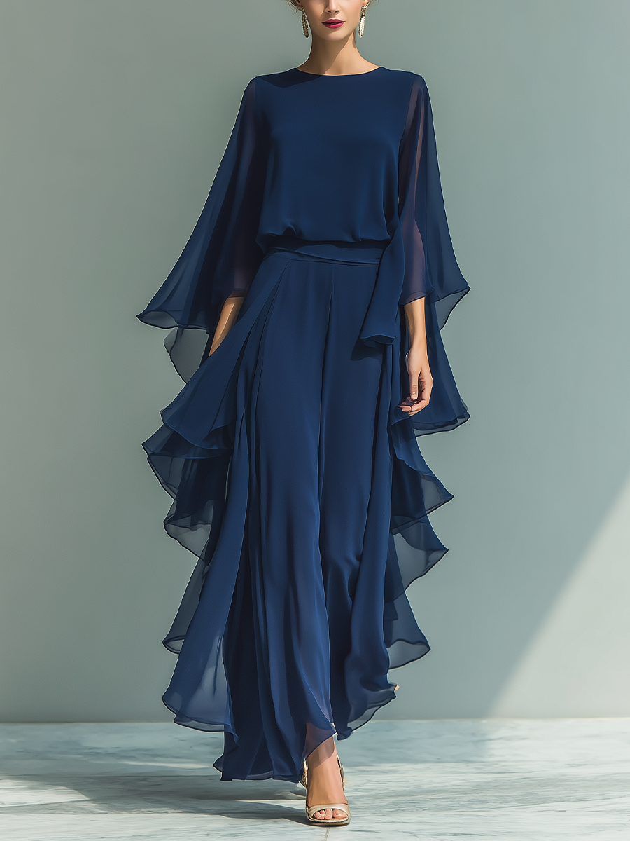 Ensemble en Chiffon Bleu Marine avec Manches Évasées et Pantalons à Jambe Droite avec Détails Ruchés