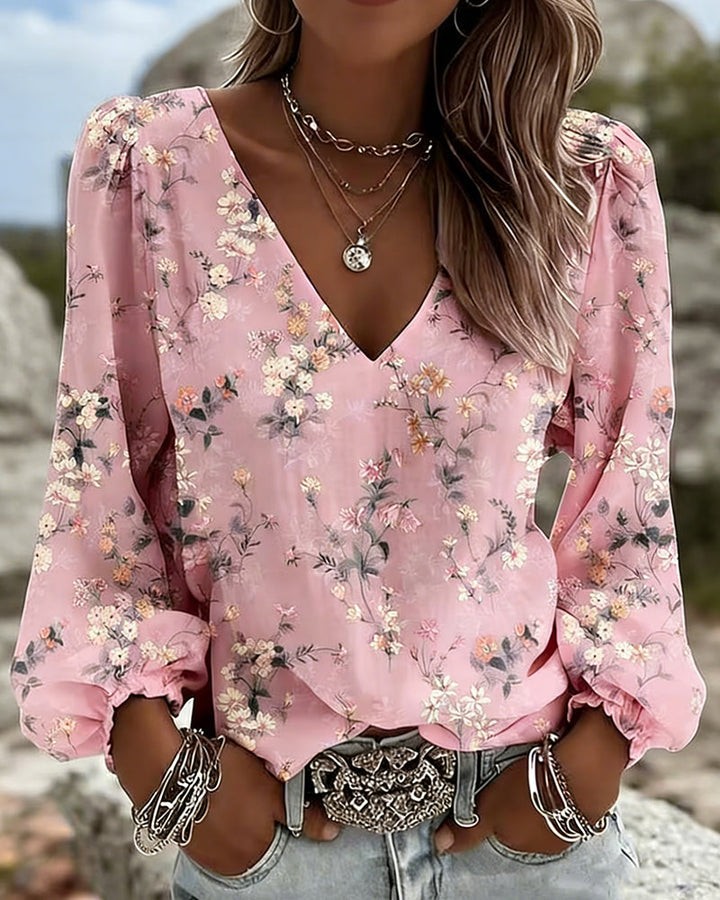 Florale Bluse V-Ausschnitt Puffärmel