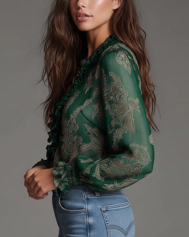 Demi-Zip-Bluse mit Retro-Rüschen