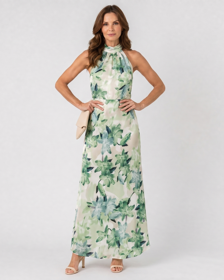 Cekel | Midikleid mit botanischem Print, Neckholder und fliessendem Rock
