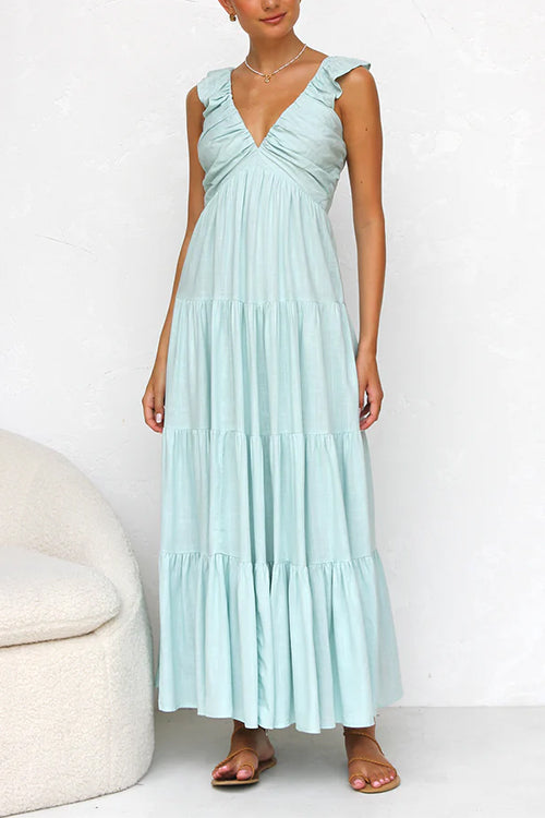 Ärmelloses Maxikleid aus Leinen mit V-Ausschnitt, Rüschenbesatz und Stufenrock