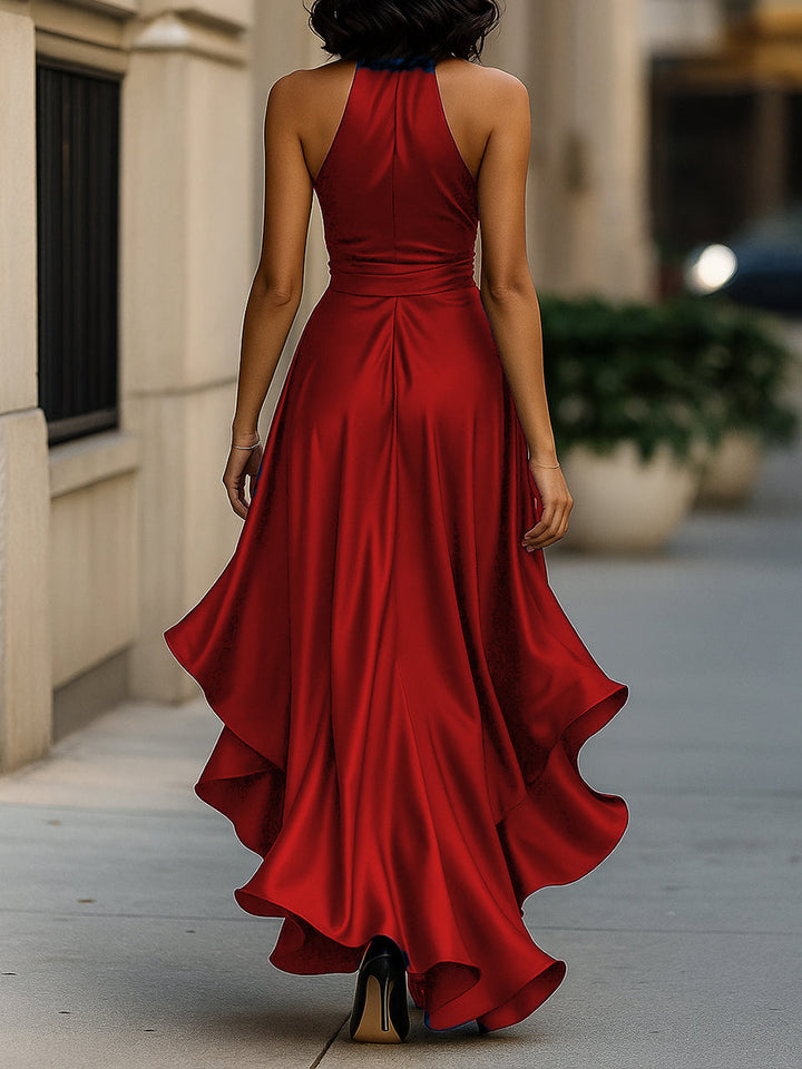 Midnight Elegance Satin-Neckholder-Kleid mit Rüschen