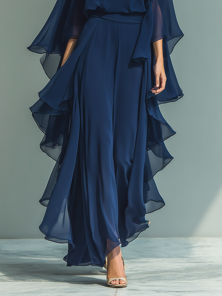 Ensemble en Chiffon Bleu Marine avec Manches Évasées et Pantalons à Jambe Droite avec Détails Ruchés