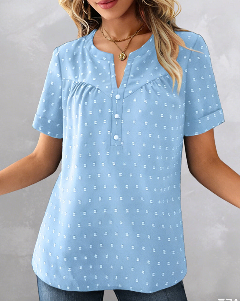 Jacquard-Bluse mit V-Ausschnitt, Halbknopfleiste und kurzen Ärmeln