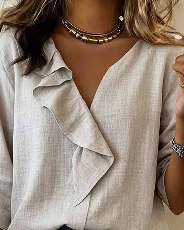 Unifarbene Bluse mit Rüschen und langen Ärmeln