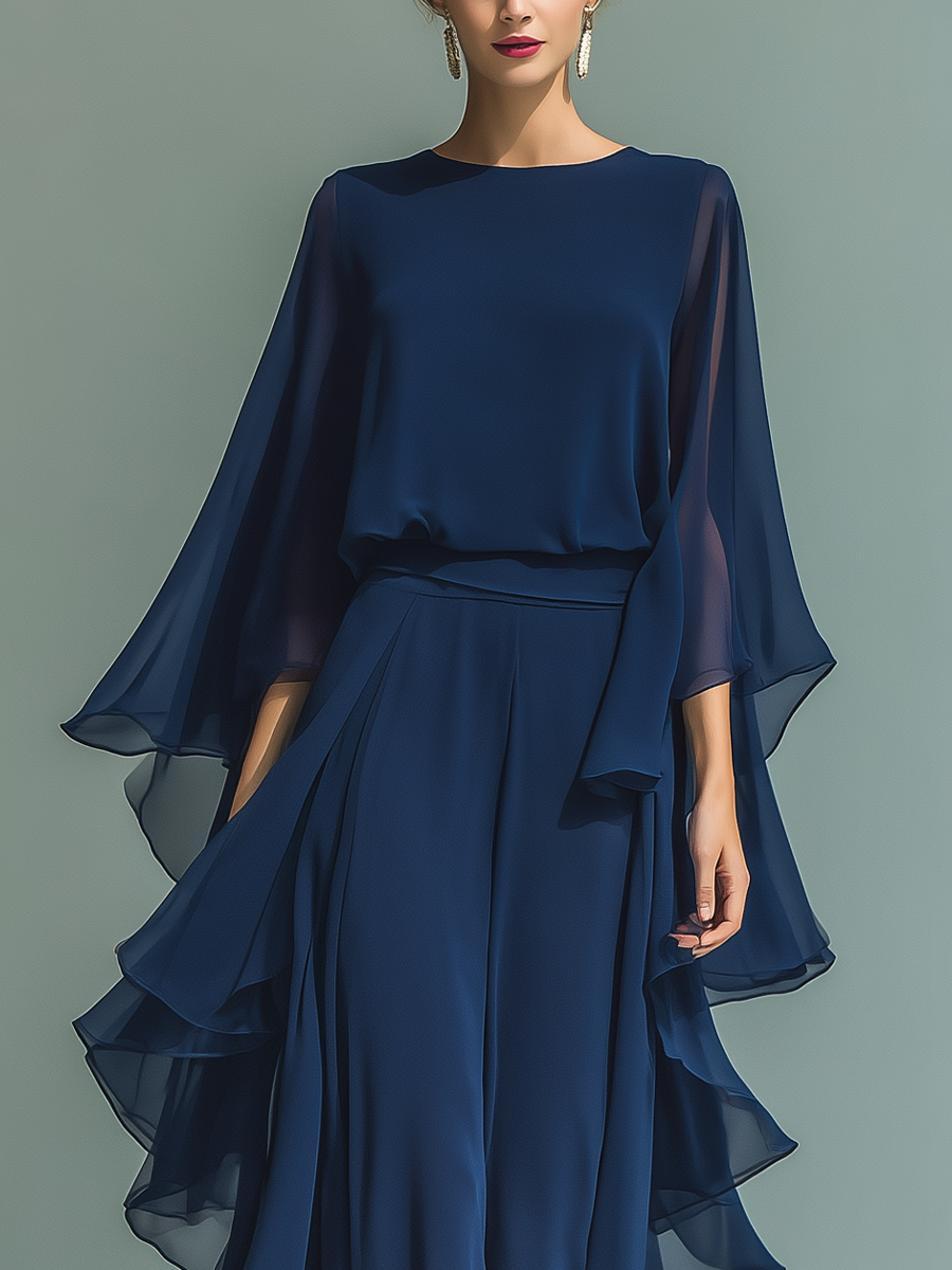 Ensemble en Chiffon Bleu Marine avec Manches Évasées et Pantalons à Jambe Droite avec Détails Ruchés
