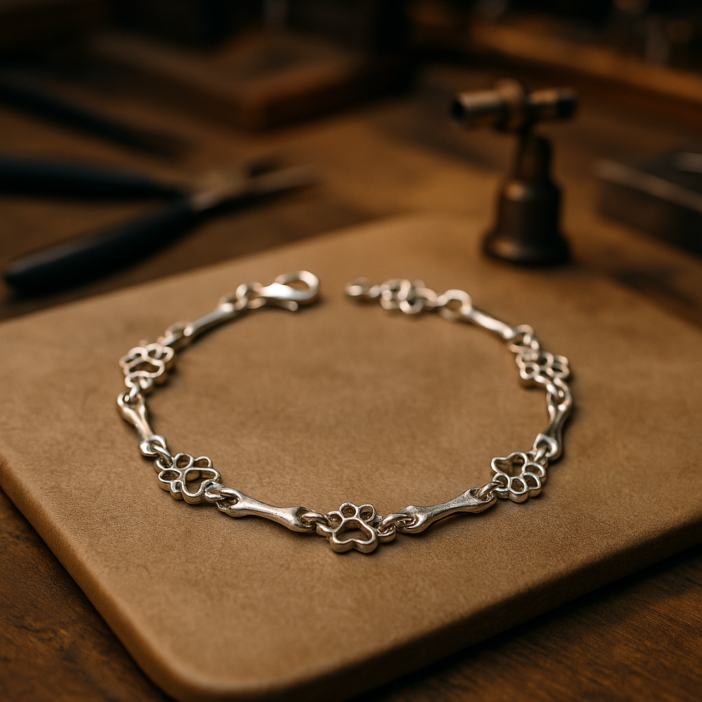 Armband mit Anhänger aus Silber mit Hundepfoten und -knochen