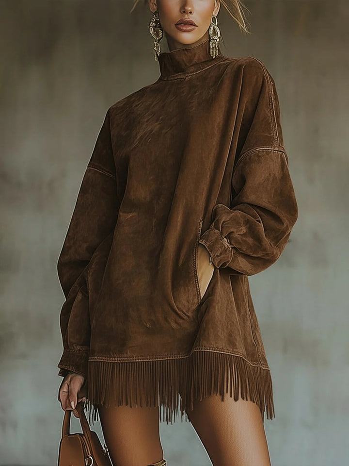 Sophia™ | Hochgeschlossenes Wildleder-Fransen-Minikleid