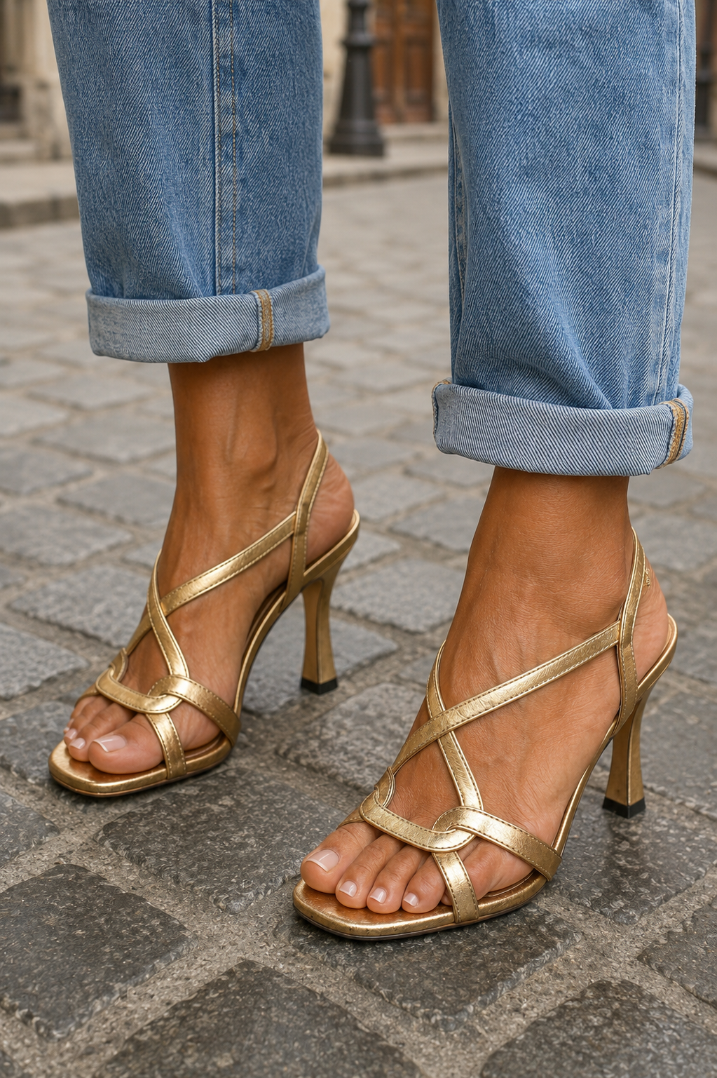Goldfarbene Sandalen mit Metallic-Effekt und gekreuzten Riemen