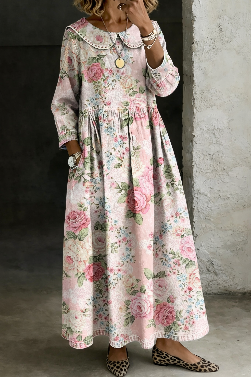 Brooklyn | Blumenkragen Denim-Kleid