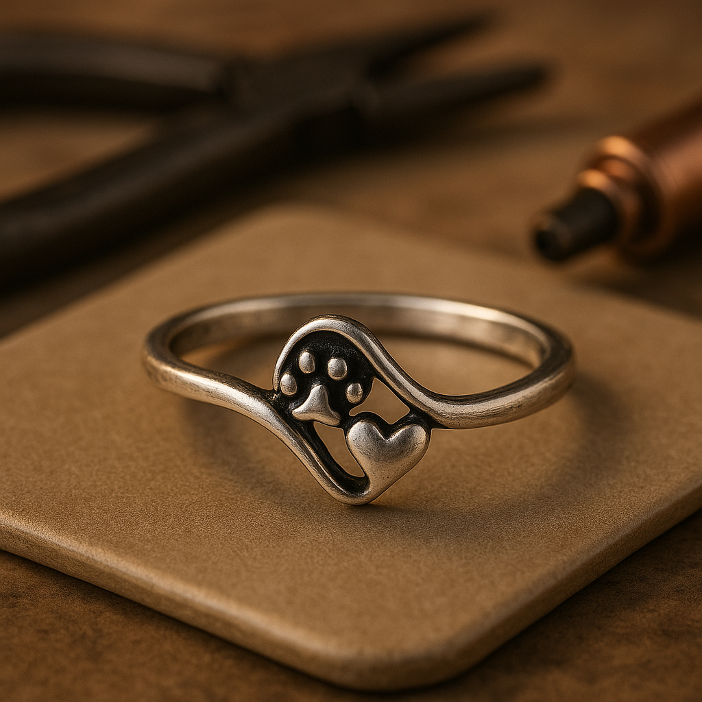Vintage Silberring mit Pfotenabdruck und Herzmotiv
