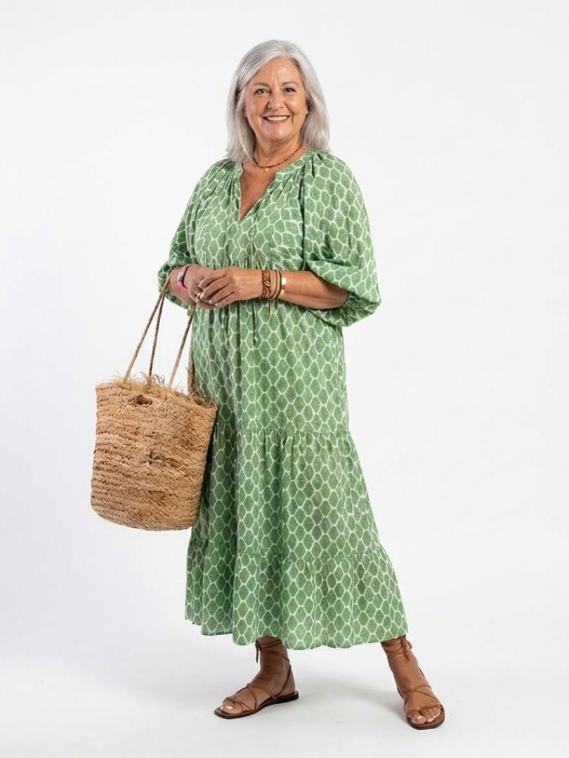 Apolline | Dreiviertel-Ärmel V-Ausschnitt Gemustertes Midi Kleid