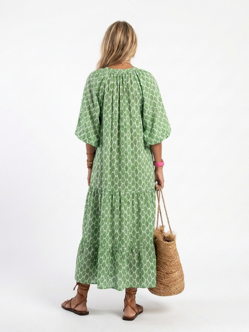 Apolline | Dreiviertel-Ärmel V-Ausschnitt Gemustertes Midi Kleid
