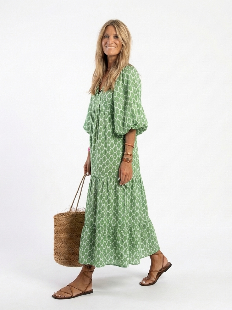 Apolline | Dreiviertel-Ärmel V-Ausschnitt Gemustertes Midi Kleid