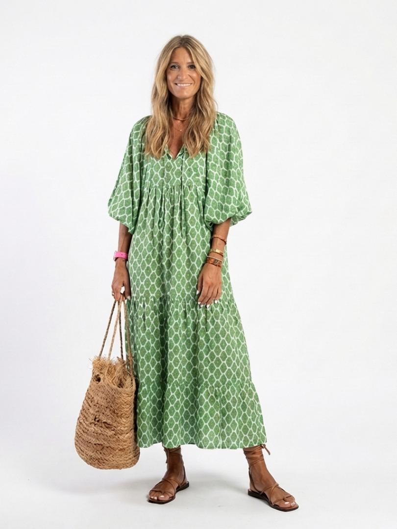Apolline | Dreiviertel-Ärmel V-Ausschnitt Gemustertes Midi Kleid