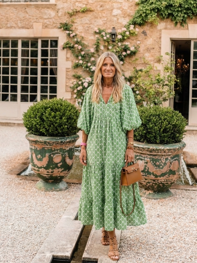 Apolline | Dreiviertel-Ärmel V-Ausschnitt Gemustertes Midi Kleid