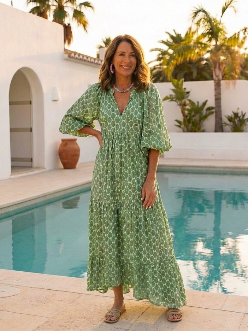 Apolline | Dreiviertel-Ärmel V-Ausschnitt Gemustertes Midi Kleid