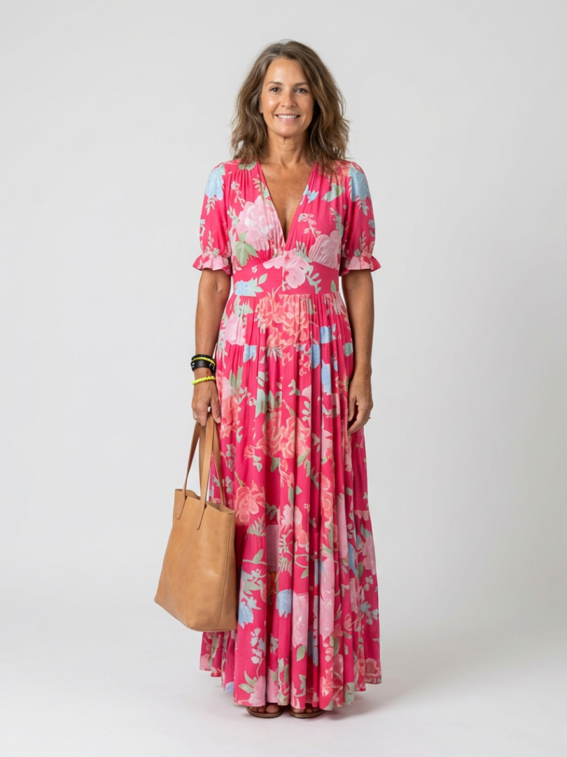 Ione | Kurzarm V-Ausschnitt Floral Midi Kleid