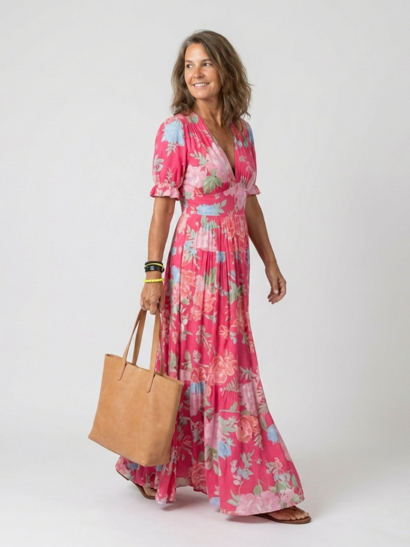 Ione | Kurzarm V-Ausschnitt Floral Midi Kleid