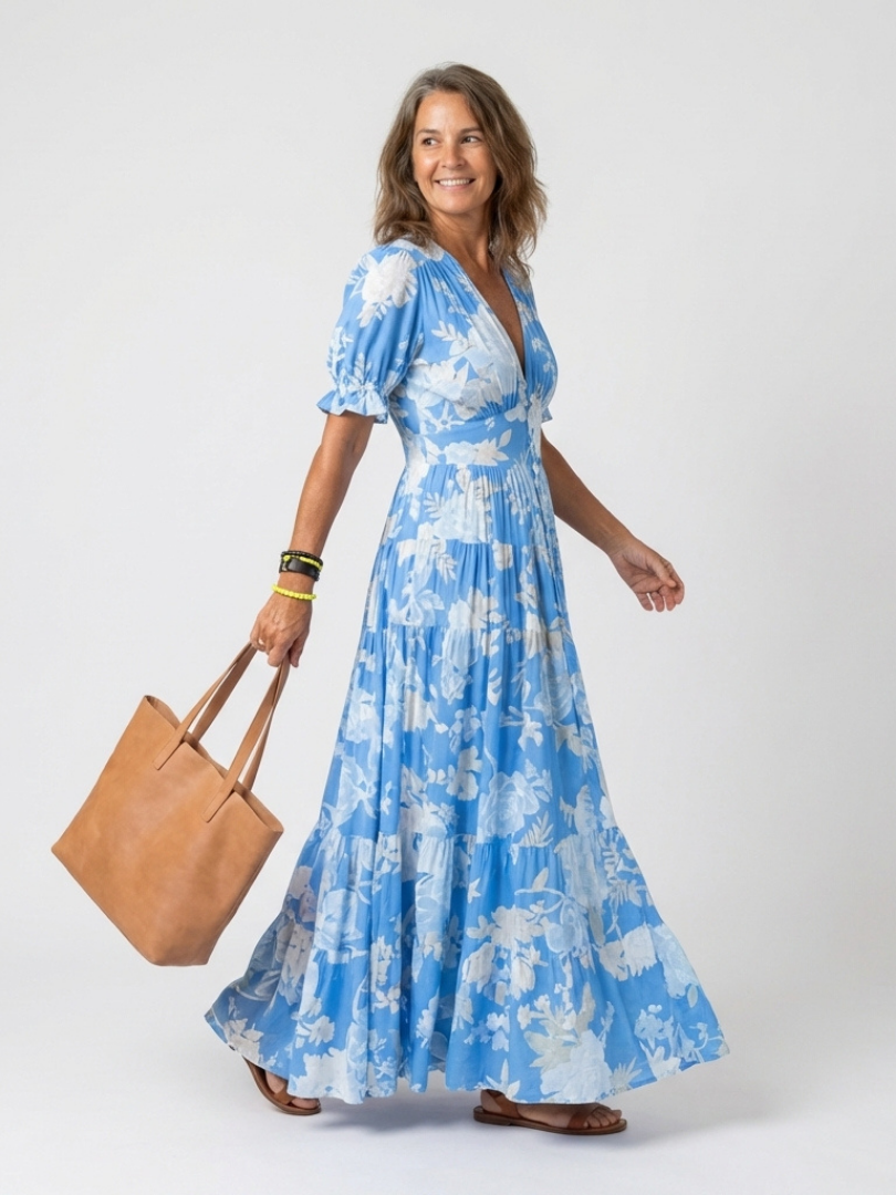 Ione | Kurzarm V-Ausschnitt Floral Midi Kleid