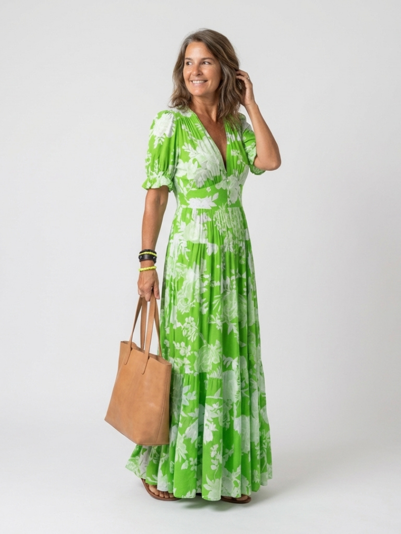 Ione | Kurzarm V-Ausschnitt Floral Midi Kleid