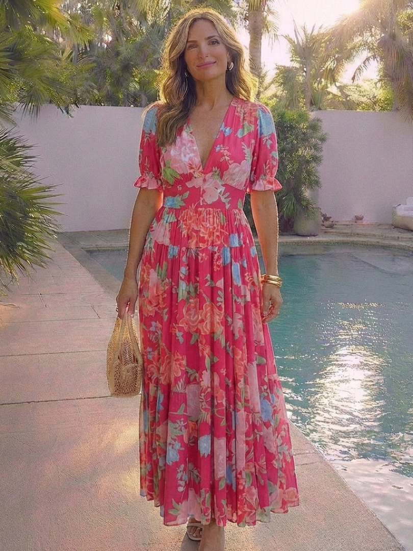 Ione | Kurzarm V-Ausschnitt Floral Midi Kleid