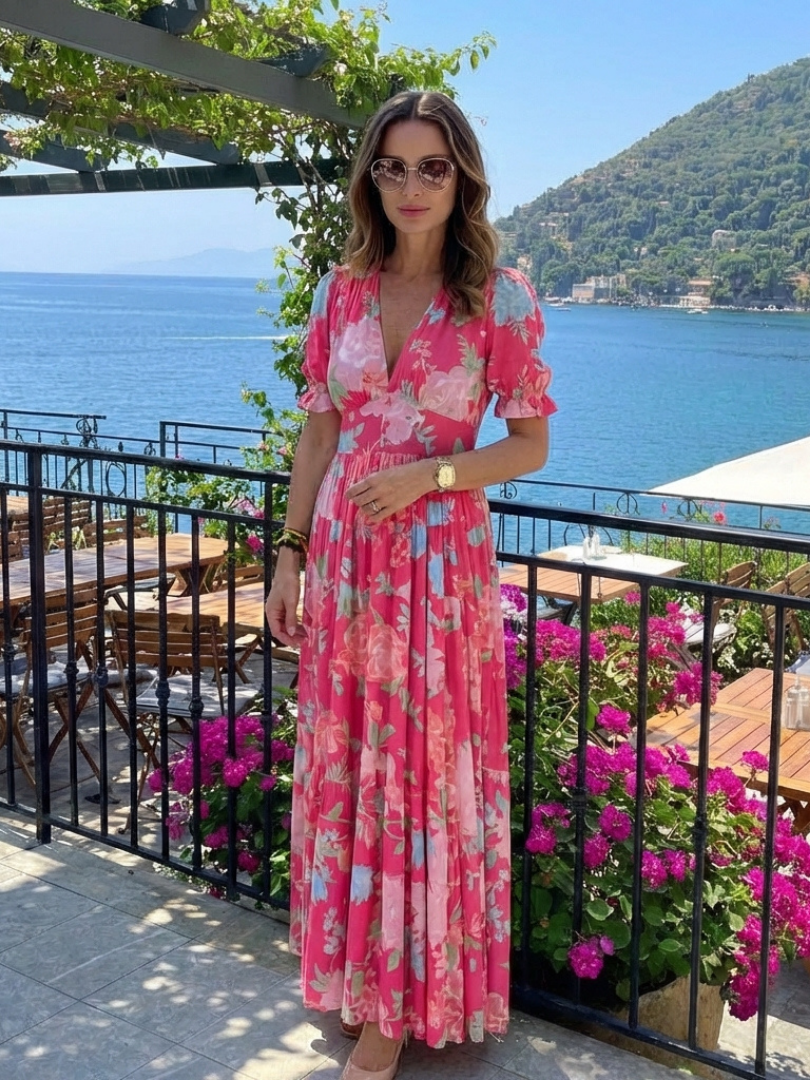 Ione | Kurzarm V-Ausschnitt Floral Midi Kleid