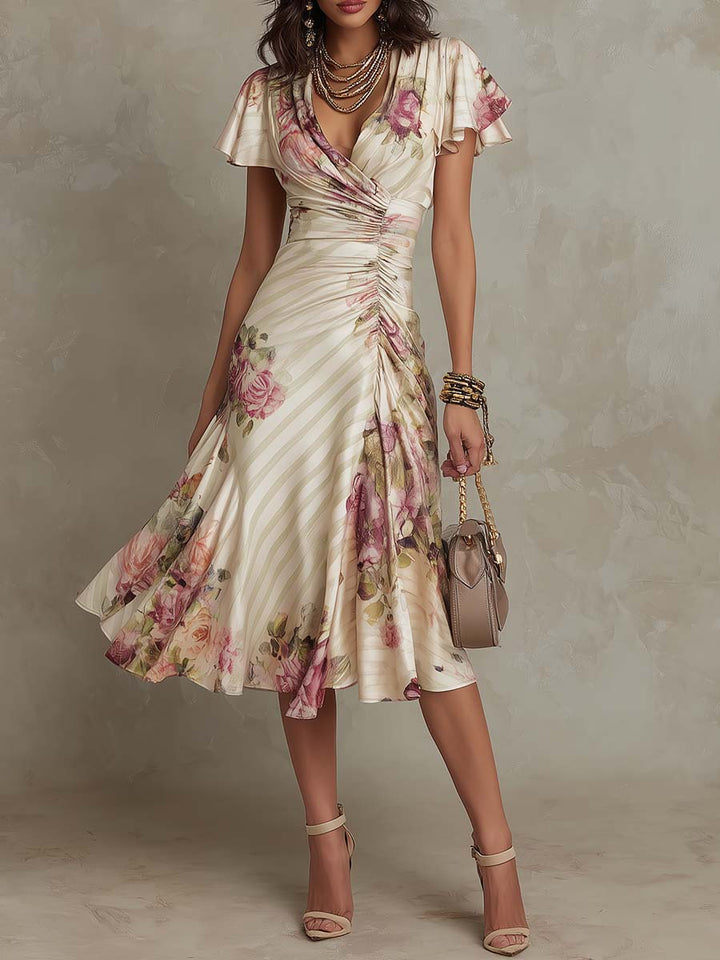 Alba™ | Elegantes Midikleid aus Retro-Satin mit Blumenmuster